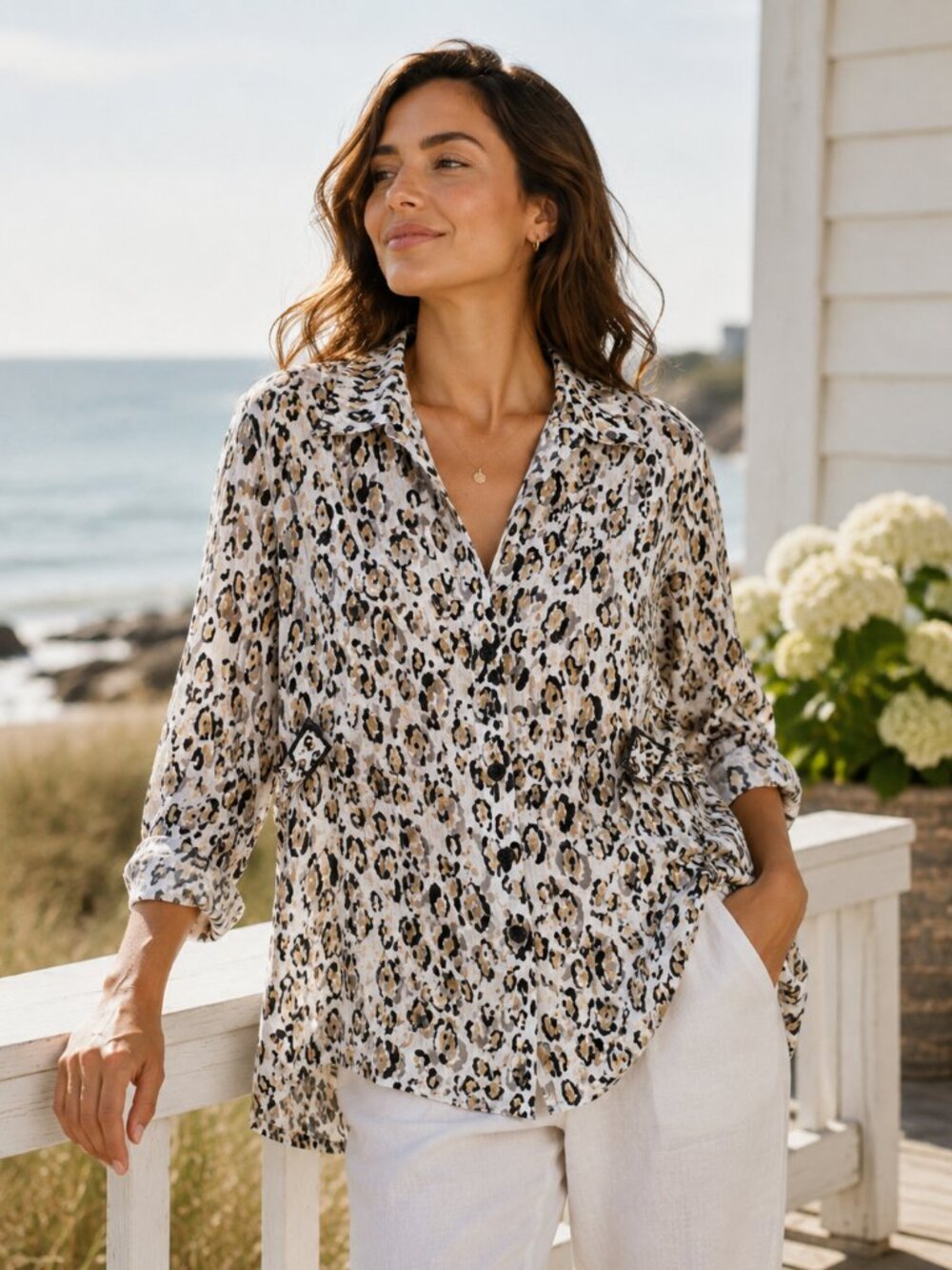 Carole Little Plus Size 2X Linen Animal Print Button Up Blouse Top Quiet Luxury